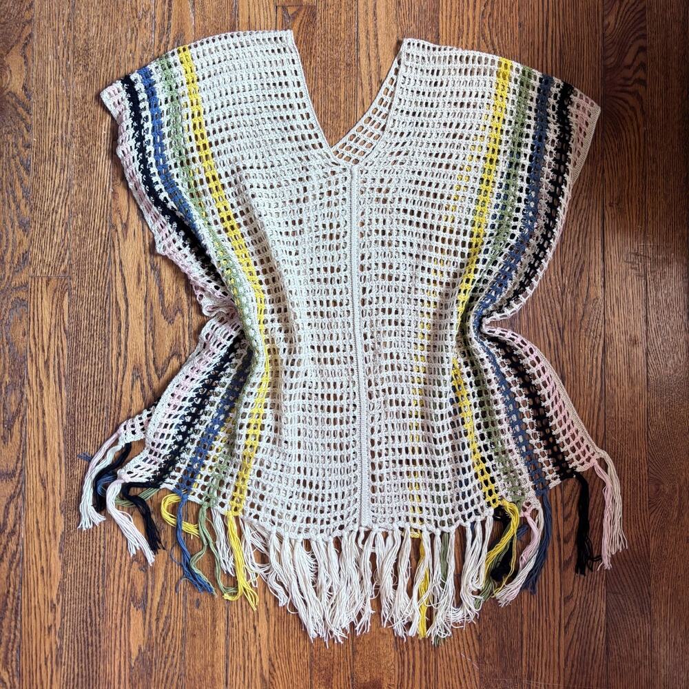 Crochet Open Weave Poncho Fringe Hem Multicolor Striped One Size